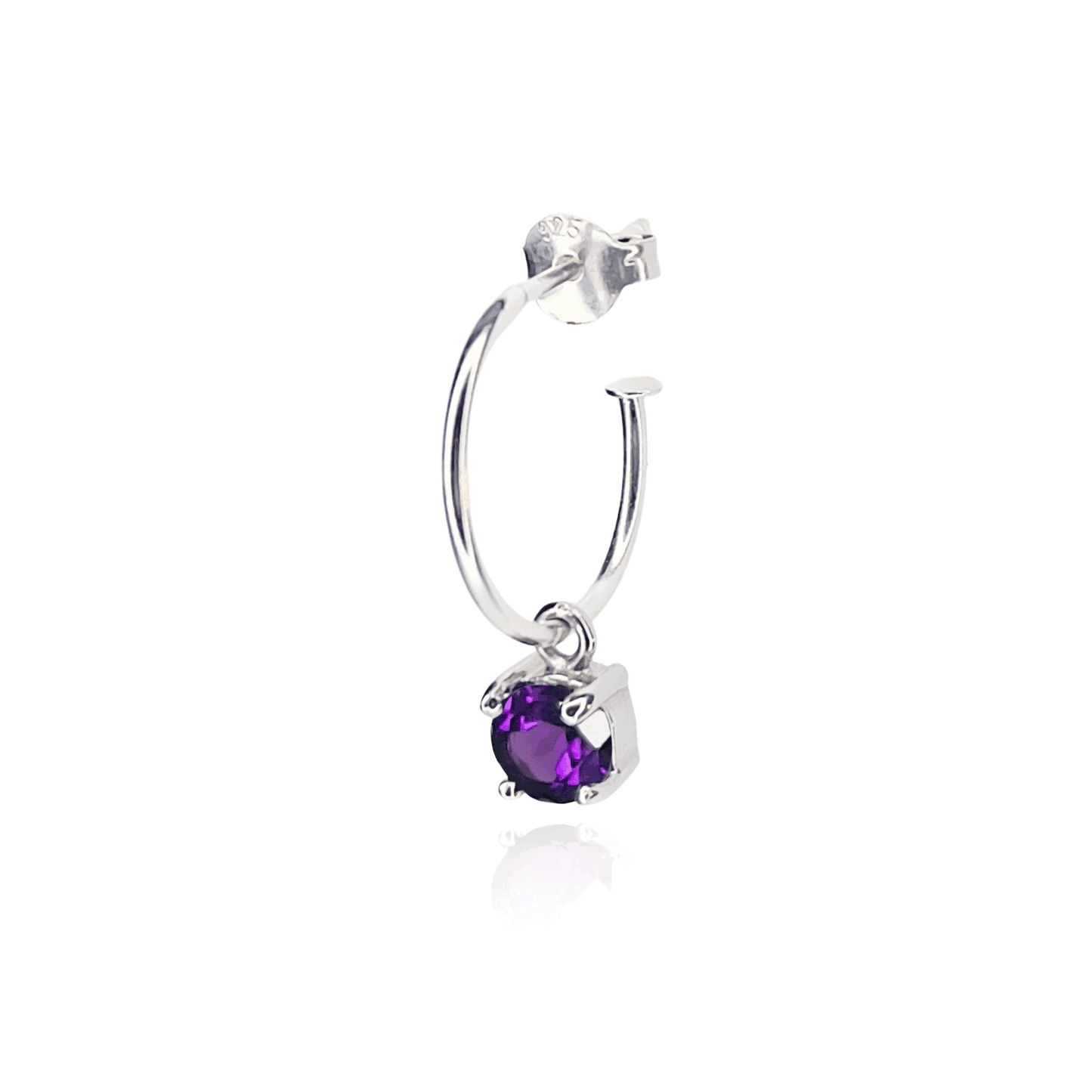 Image from the side of a single Sterling Silver Hoop earring with detachable 5mm round Amethyst gemstone set in four claws.