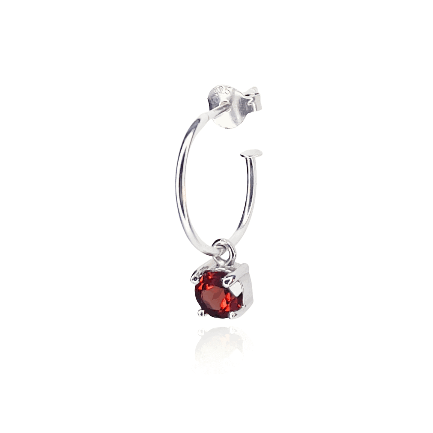 Side view of Garnet Dangle Hoop earring on white background. Sterling Silver Hoop with detachable 5mm round Garnet gemstone, set in four claws