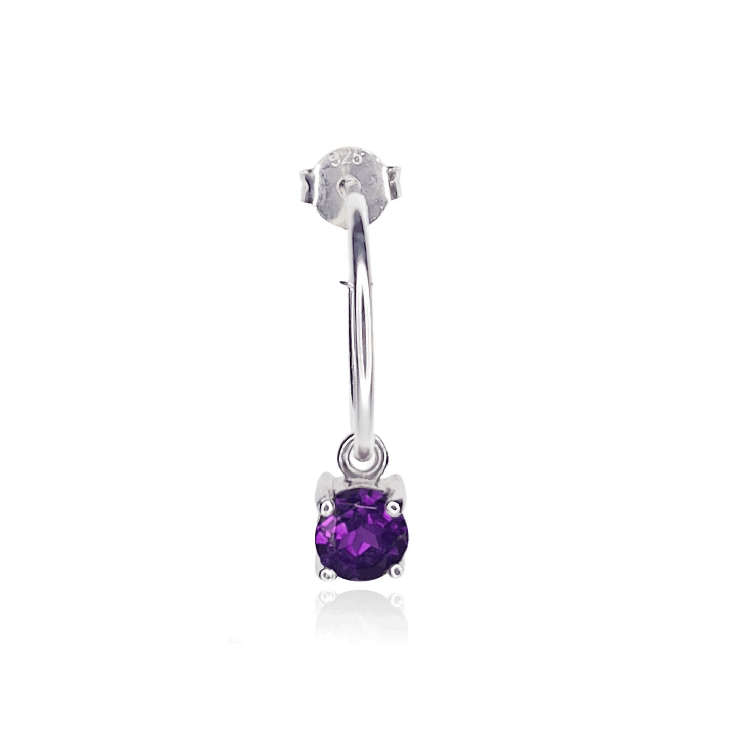 Image of a single Sterling Silver Hoop earring with detachable 5mm round Amethyst gemstone set in four claws.