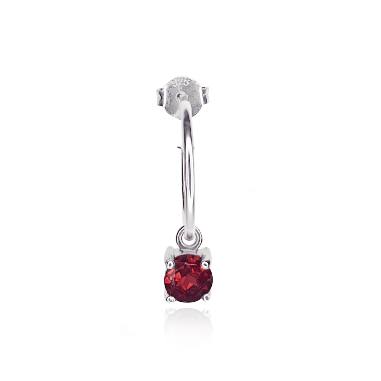 Front view of Garnet Dangle Hoop earring on white background. Sterling Silver Hoop with detachable 5mm round Garnet gemstone, set in four claws.