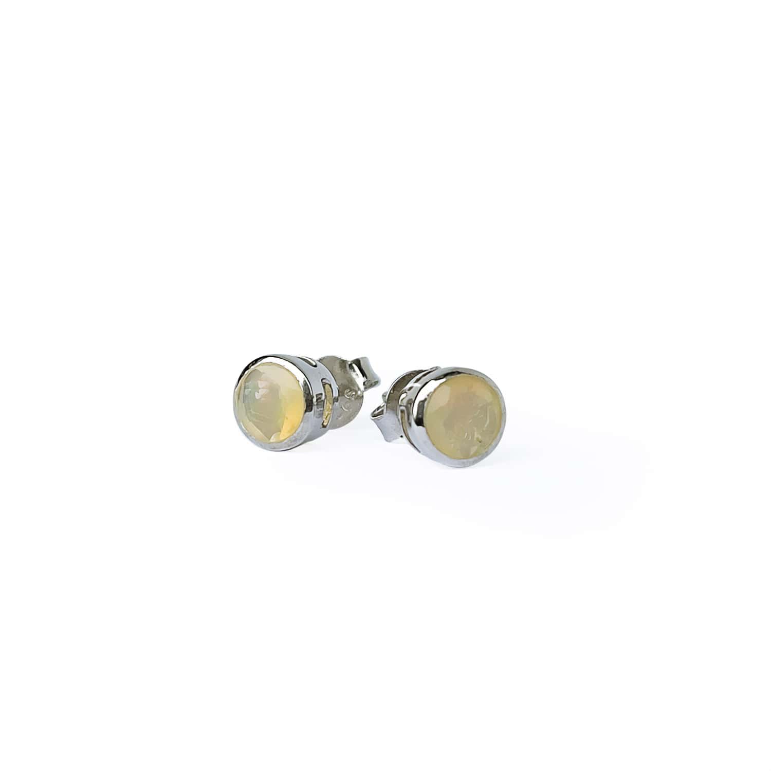 Front view of Ethiopian Opal Tube Set Stud earrings displaying a 5mm round Opal gemstone set in a Sterling Silver tube setting.