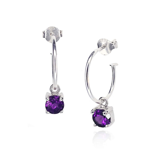 Image of Sterling Silver Hoop earrings with detachable 5mm round Amethyst gemstones set in four claws.