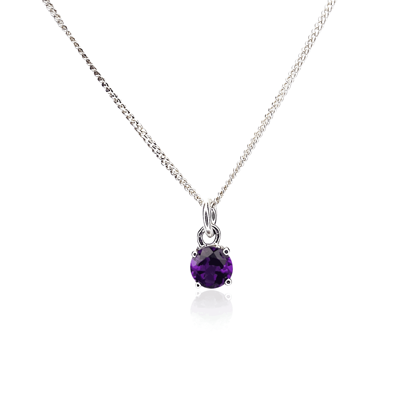 Image displaying Sterling Silver Amethyst Pendant necklace with a 5mm round Amethyst gemstone set in four claws on a 45cm curb chain.