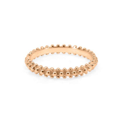 Front view of Bauble Ring: Three rows of Sterling Silver Rose Gold plated balls, with smaller balls on outer layers and slightly bigger ones in the centre, on white background.