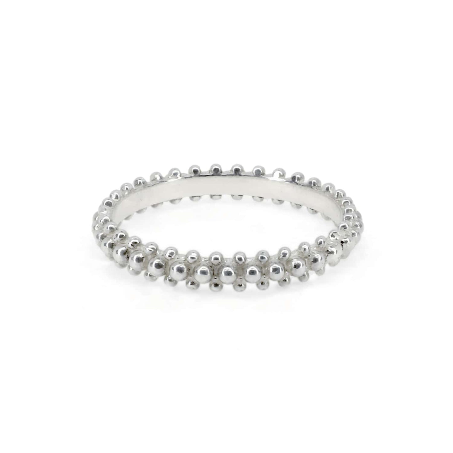 Front view of Bauble Ring: Three rows of Sterling Silver balls, with smaller balls on outer layers and slightly bigger ones in the centre, on white background.