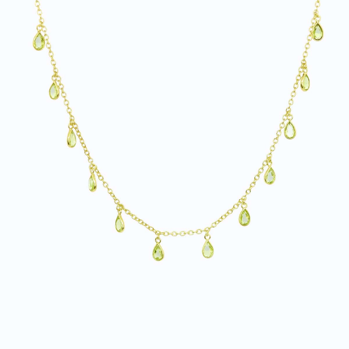 Front view of Sterling Silver Yellow Gold plated necklace with eighteen 5 x 3mm pear-shaped Peridot gemstones on 42cm chain, 5cm extension.