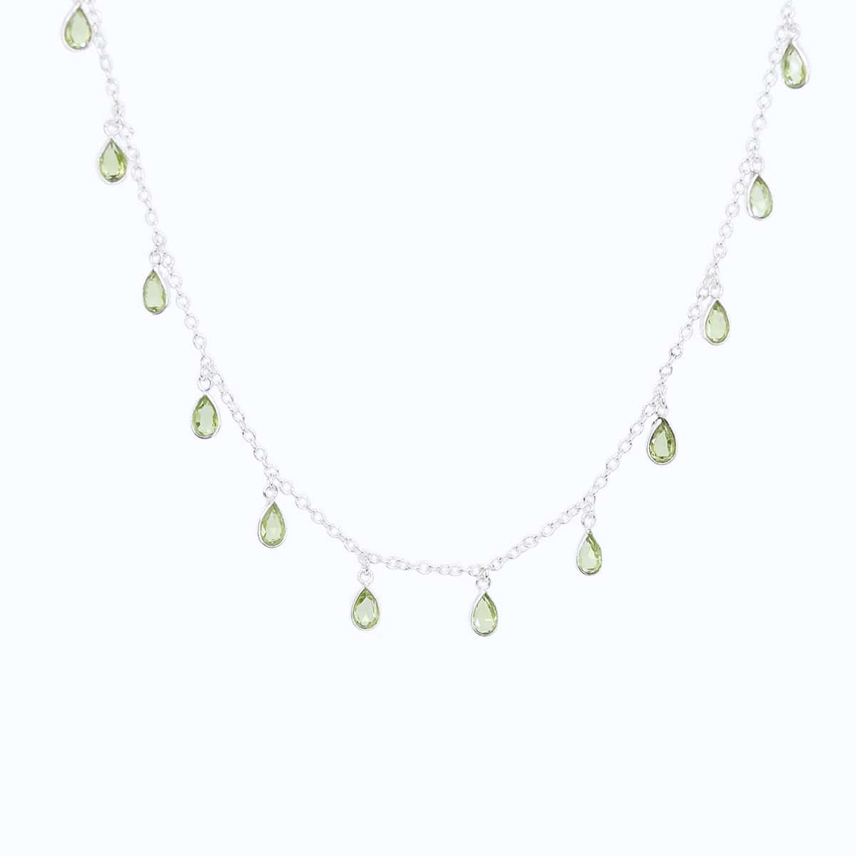 Front view of Sterling Silver necklace with eighteen 5 x 3mm pear-shaped Peridot gemstones on 42cm chain, 5cm extension.