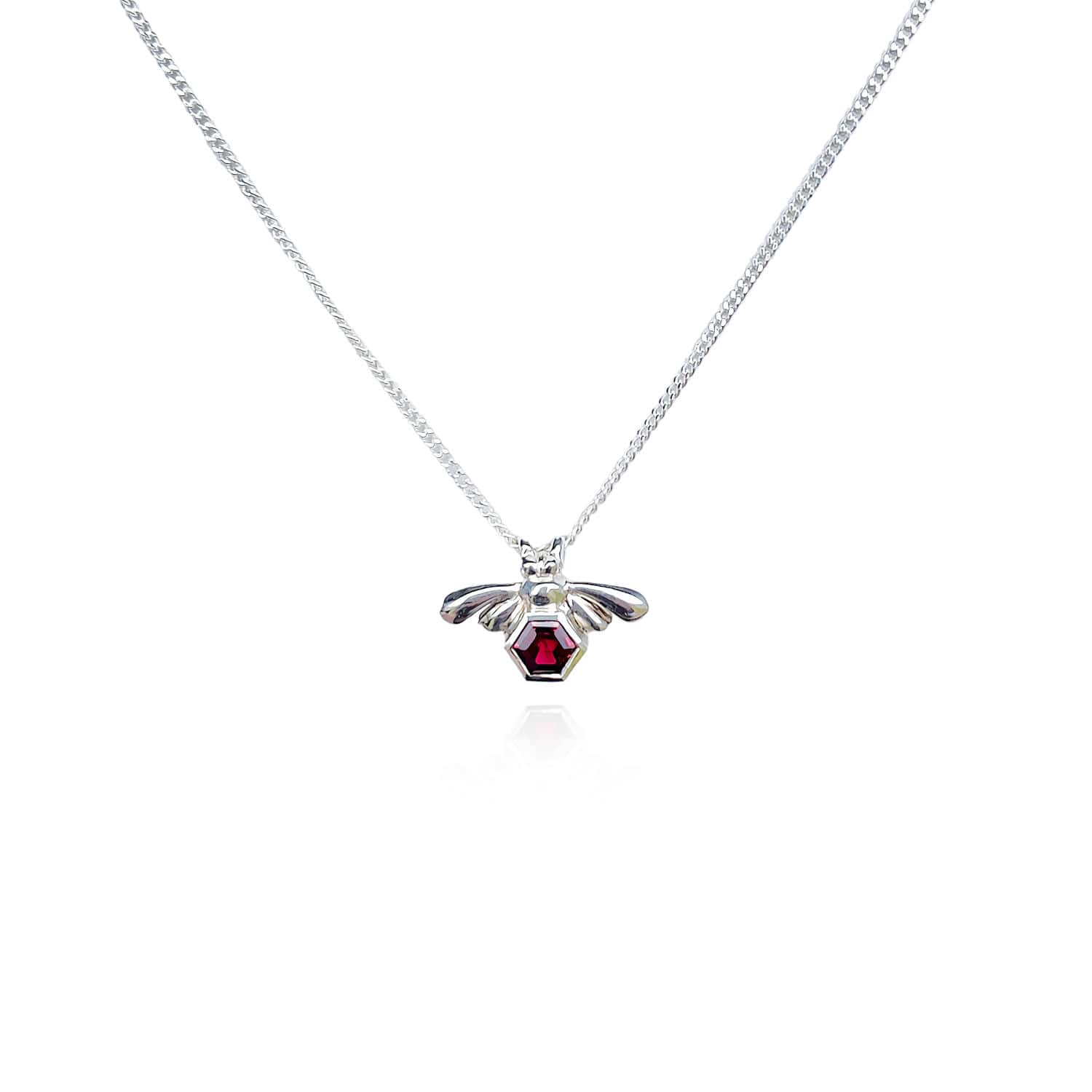 Front view image of the Bee-YOU-tiful Bee Garnet Bling on a white background, showcasing a 45cm curb chain and a Sterling Silver pendant featuring a bee and a 4mm hexagonal Garnet gem set in its belly with a tube setting.