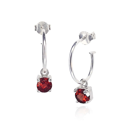 Garnet Dangle Hoop earrings on white background. Sterling Silver Hoop with detachable 5mm round Garnet gemstone, set in four claws.