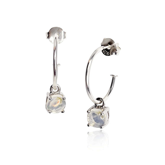 Image of Sterling Silver Hoop earrings with detachable 5mm round Moonstone gemstones set in four claws.