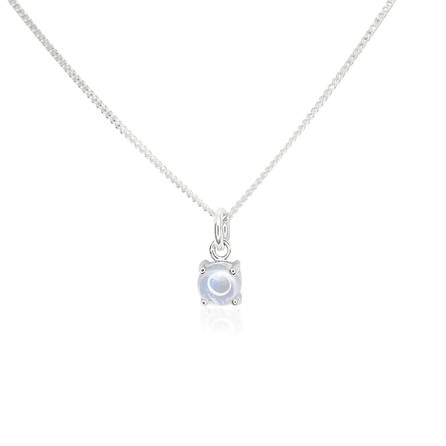 Front view of Moonstone Pendant necklace showcasing 5mm round Moonstone gemstone in four-claw setting on 45cm curb chain, isolated on white background.