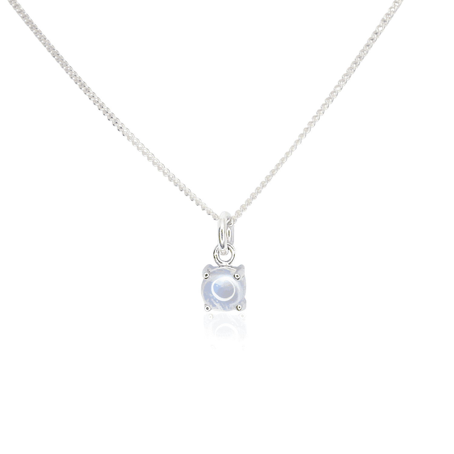 Front view of Moonstone Pendant necklace showcasing 5mm round Moonstone gemstone in four-claw setting on 45cm curb chain, isolated on white background.