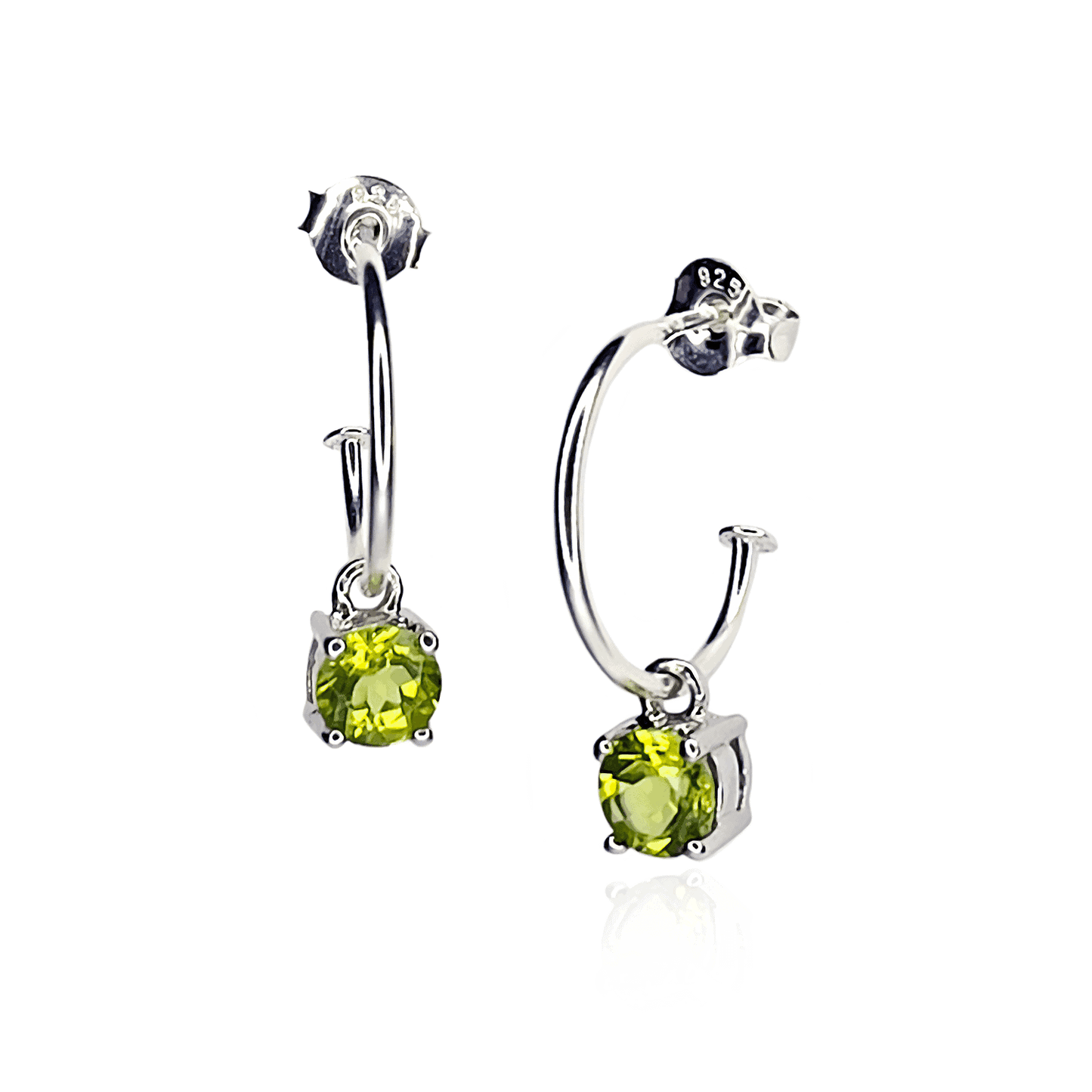 Front and side view of Peridot Dangle Hoop earrings on white background. Sterling Silver Hoop with 5mm round Peridot gemstone in four claws.