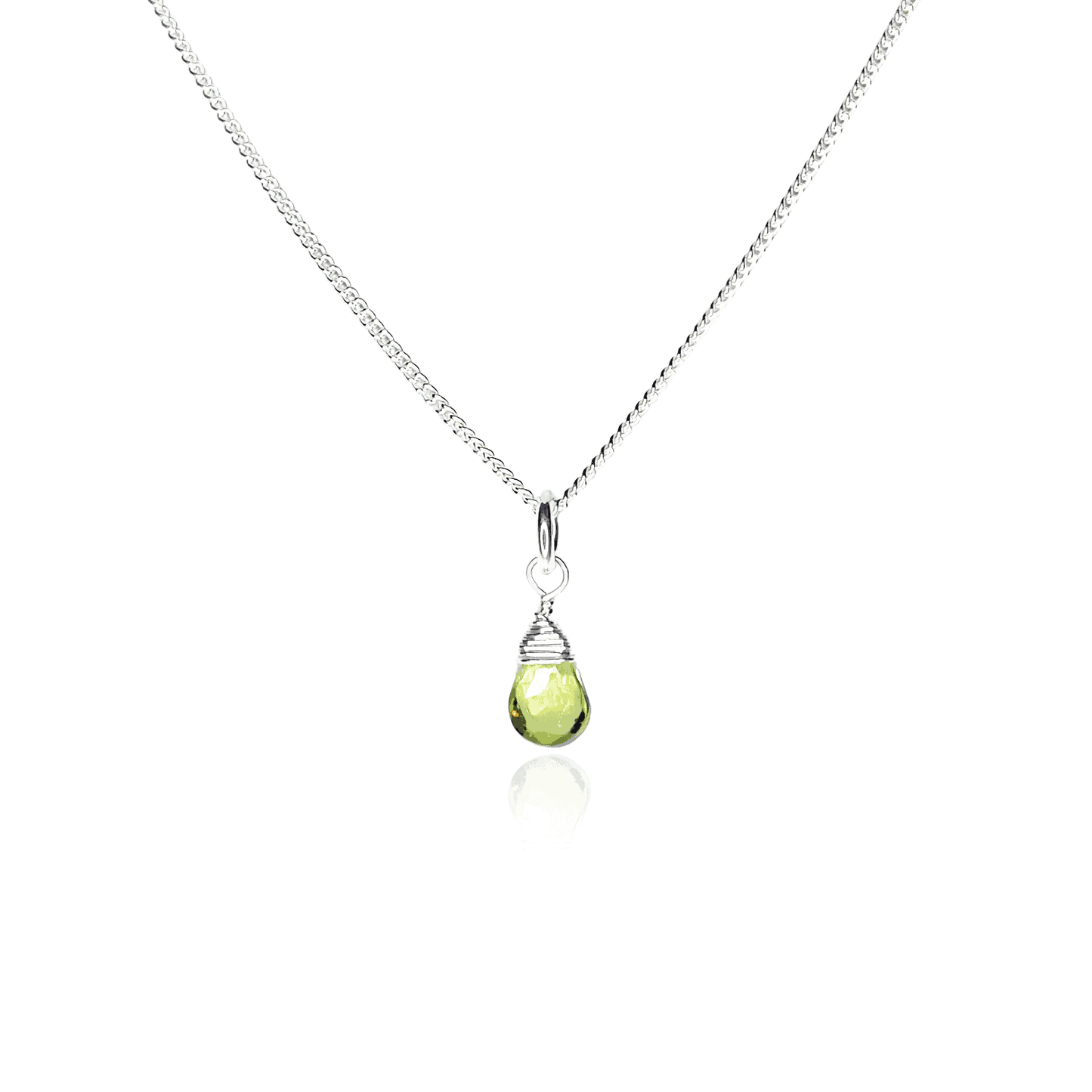 Front view of Peridot Drop necklace on white background. 45cm long chain with Peridot gemstone drop.