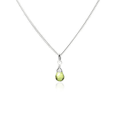 Front view of Peridot Drop necklace on white background. 45cm long chain with Peridot gemstone drop.