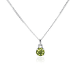 Front view of Peridot Pendant necklace on white background. 5mm round Peridot gemstone in four claws on 45cm curb chain.