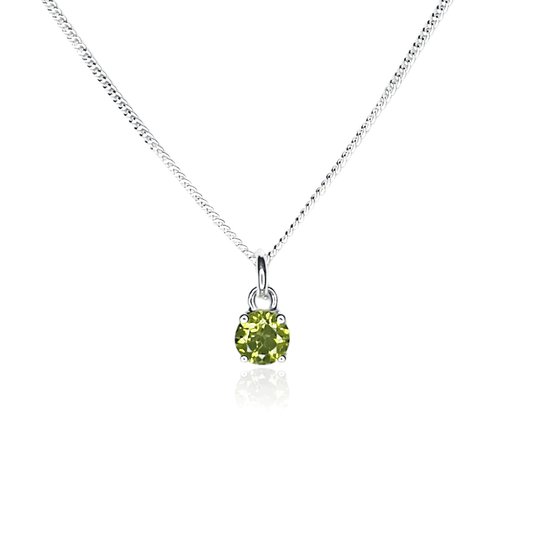 Front view of Peridot Pendant necklace on white background. 5mm round Peridot gemstone in four claws on 45cm curb chain.