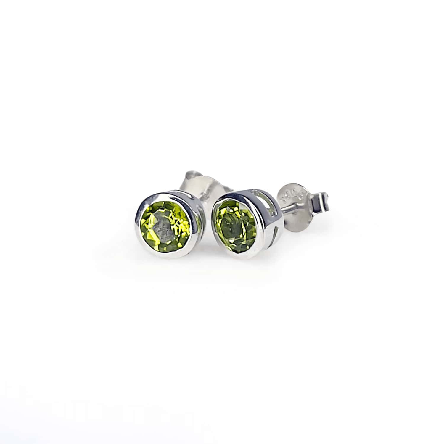 Peridot Tube Set Stud earrings displaying a 5mm round Peridot gemstone set in a Sterling Silver tube setting.