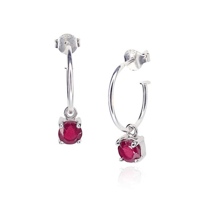 Image of Sterling Silver Hoop earrings with detachable 5mm round Ruby gemstones set in four claws.