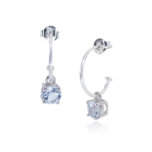 Image of Sterling Silver Hoop earrings with detachable 5mm round Topaz gemstones set in four claws.