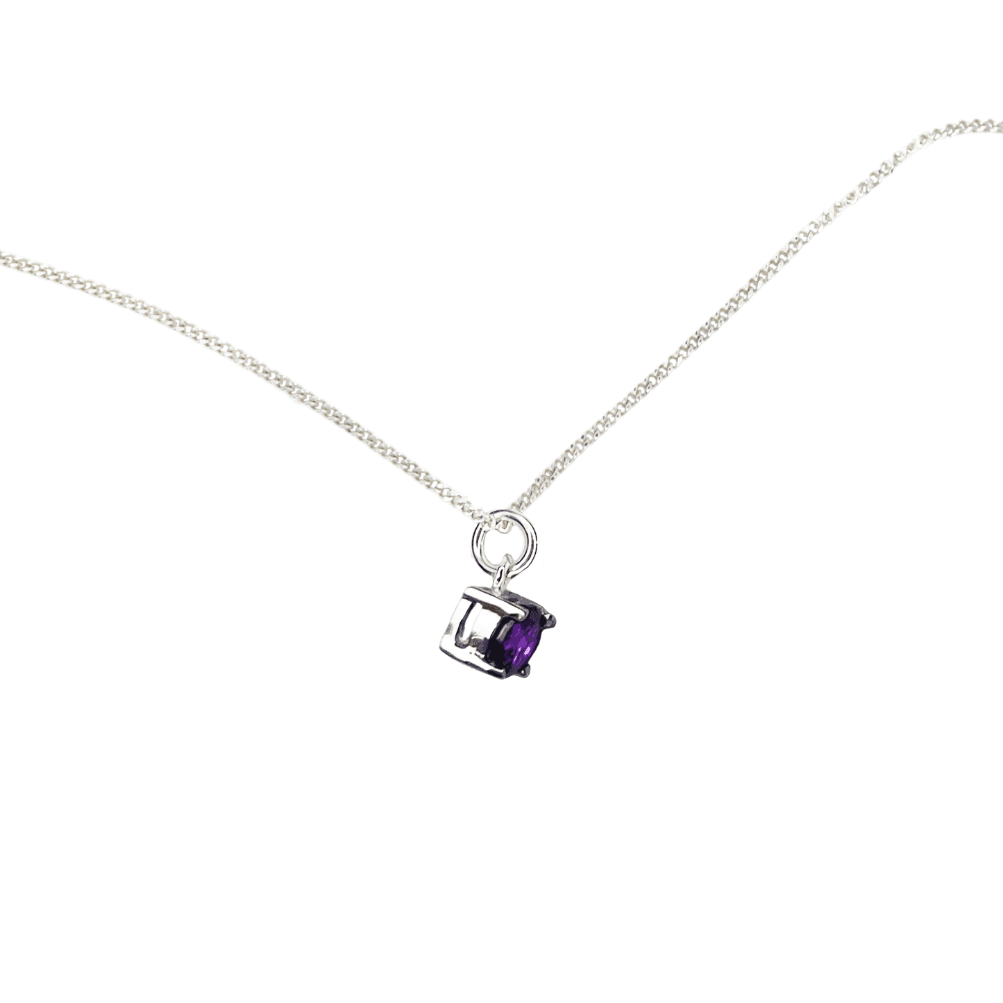 Side view of the Amethyst Pendant necklace displaying a 5mm round Amethyst gemstone set in four sterling silver plated claws on a 45cm curb chain.