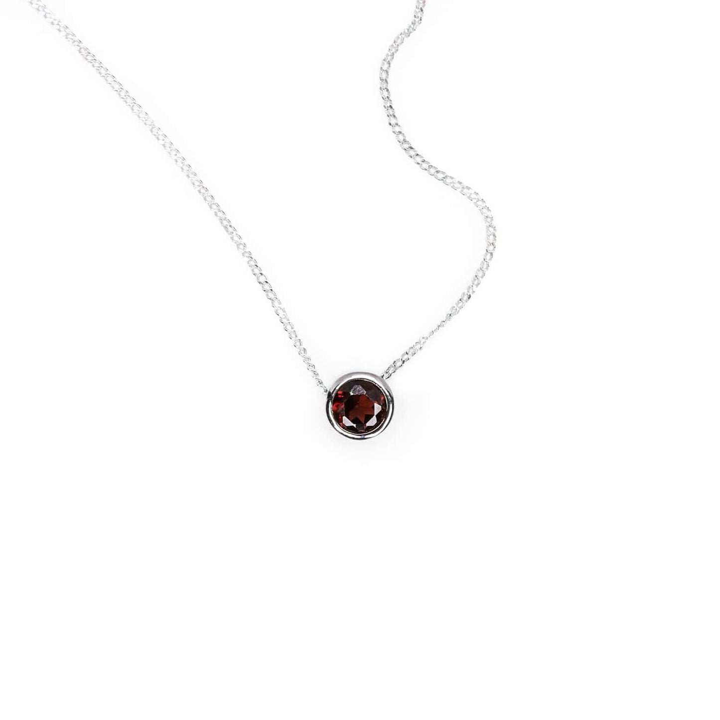 Garnet Slider Necklace displayed on a white background. The necklace showcases a 5mm Garnet gemstone set in a Sterling Silver tube setting on a 45cm long chain.