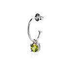 Side view of Peridot Dangle Hoop earring on white background. Sterling Silver Hoop with 5mm round Peridot gemstone in four claws.