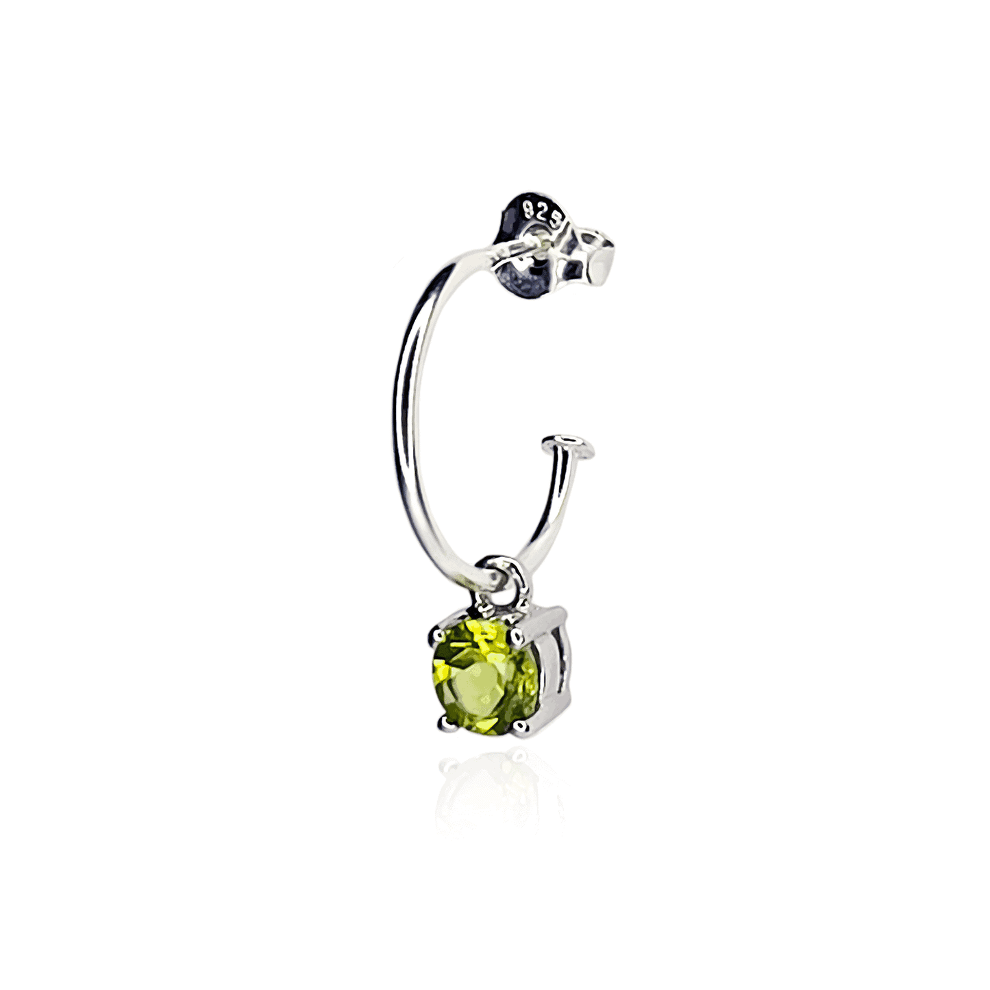 Side view of Peridot Dangle Hoop earring on white background. Sterling Silver Hoop with 5mm round Peridot gemstone in four claws.