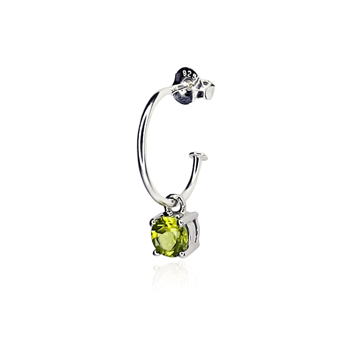 Side view of Peridot Dangle Hoop earring on white background. Sterling Silver Hoop with 5mm round Peridot gemstone in four claws.