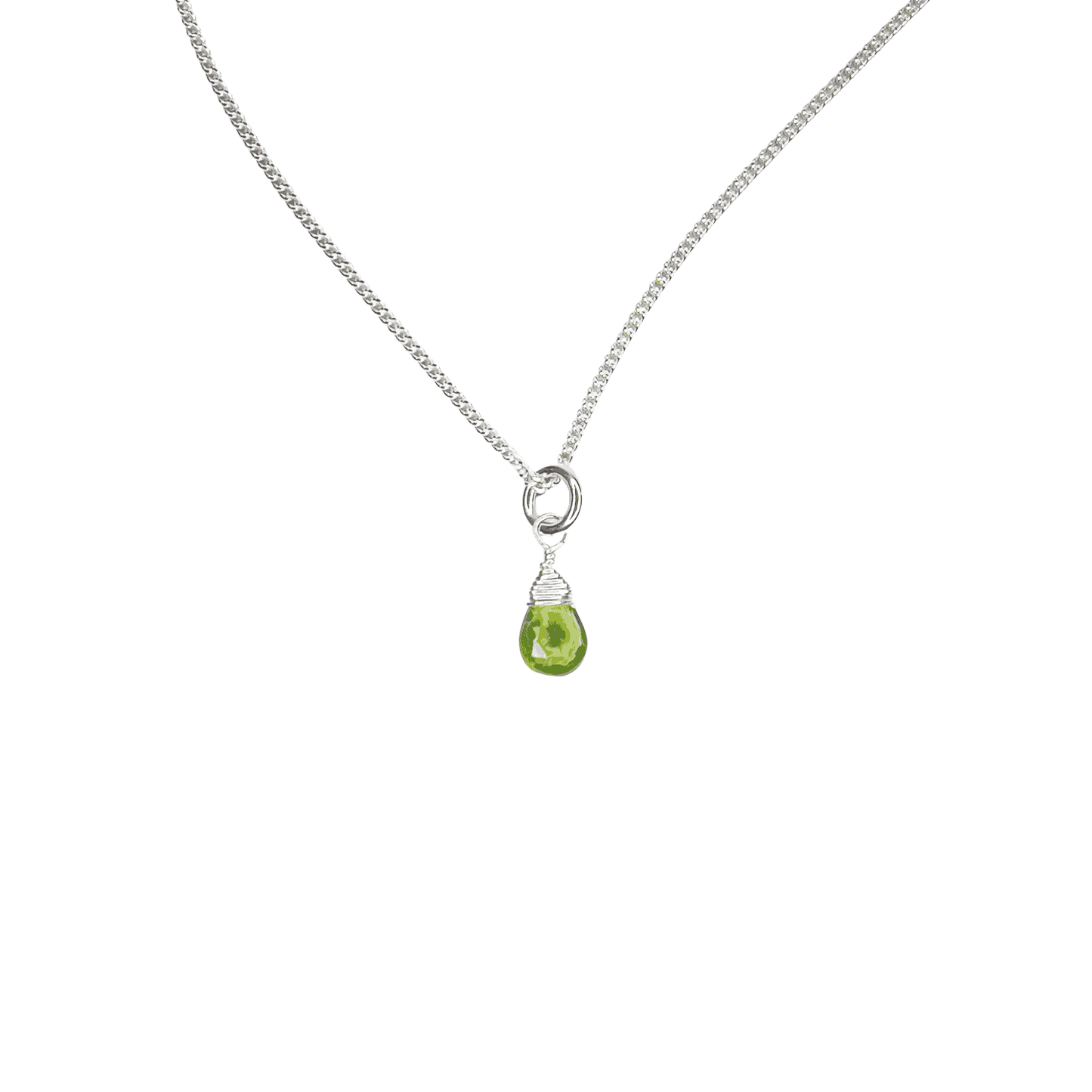 Side view of Peridot Drop necklace on white background. 45cm long chain with Peridot gemstone drop.