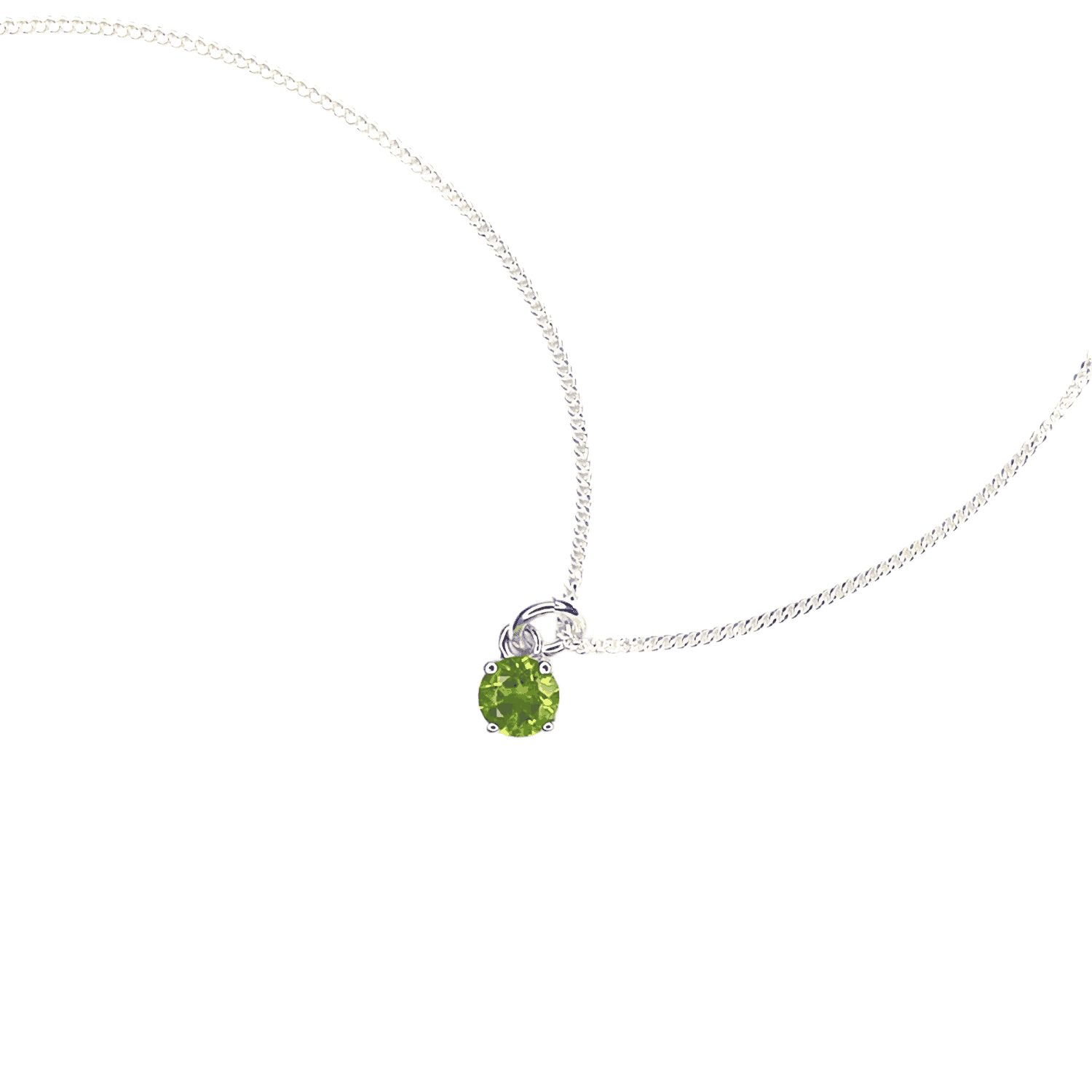 Top view of Peridot Pendant necklace on white background. 5mm round Peridot gemstone in four claws on 45cm curb chain.