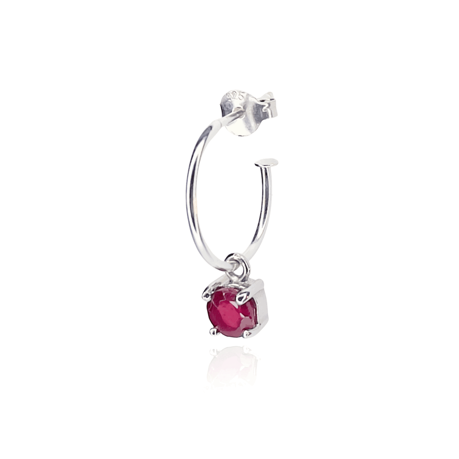 Image from the side of a single Sterling Silver Hoop earring with detachable 5mm round Ruby gemstone set in four claws.