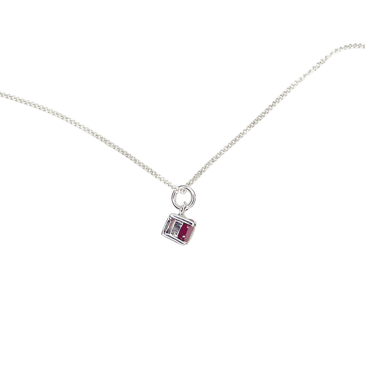 Side view of the Ruby Pendant necklace displaying a 5mm round Ruby gemstone set in four sterling silver plated claws on a 45cm curb chain.