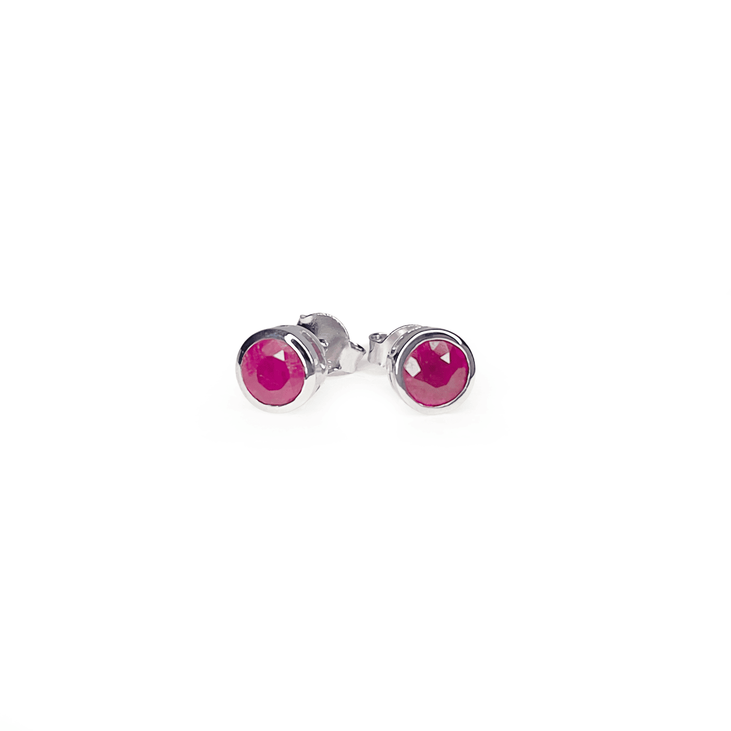 Front and side views of Ruby Tube Set Stud earrings showcasing a 5mm round Ruby gemstone set in a Sterling Silver tube setting.