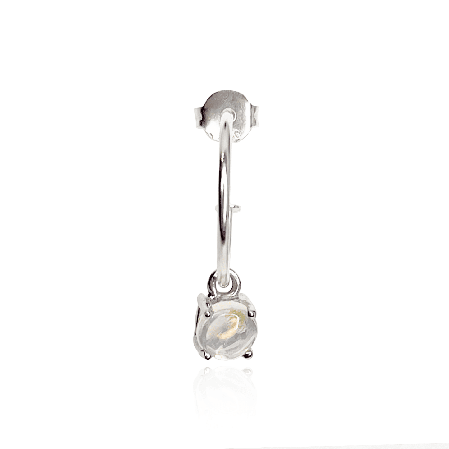 Image of a single Sterling Silver Hoop earring with detachable 5mm round Moonstone gemstone set in four claws.