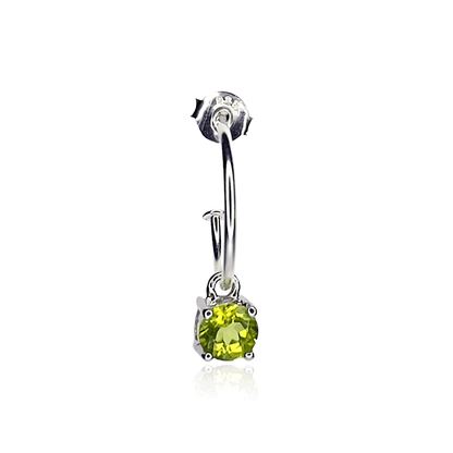 Front view of Peridot Dangle Hoop earring on white background. Sterling Silver Hoop with 5mm round Peridot gemstone in four claws.