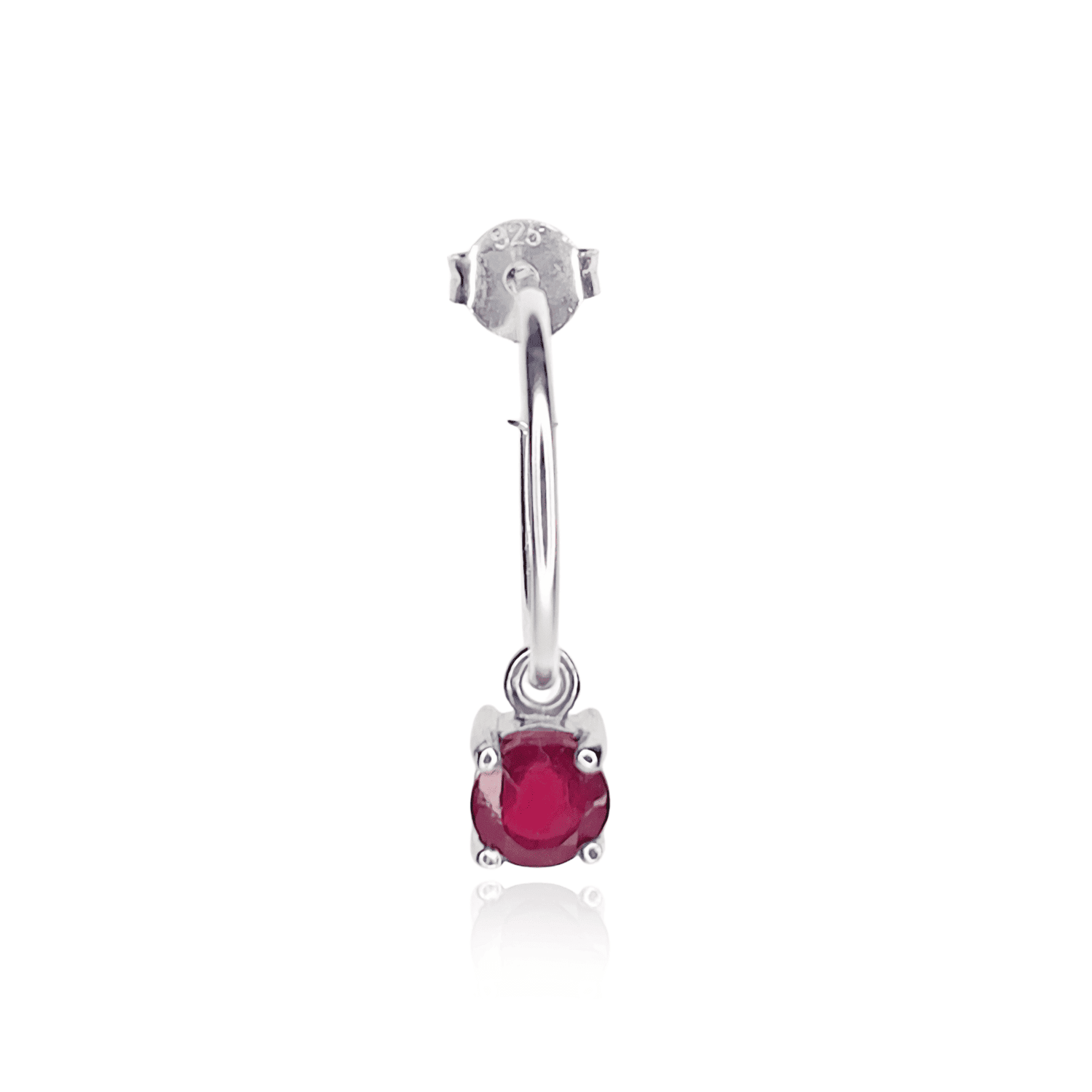 Front view image of a single Sterling Silver Hoop earring with detachable 5mm round Ruby gemstone set in four claws.