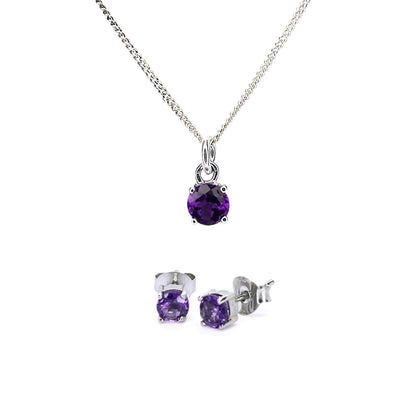 Image of Amethyst Stud earrings and Pendant necklace, displaying 5mm Amethyst gems in claw settings set in Sterling Silver on a 45cm curb chain.