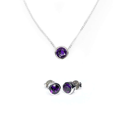 Image of Amethyst Tube Set Stud earrings and Slider Necklace featuring 5mm round Amethyst gemstones set in Sterling Silver tube settings.