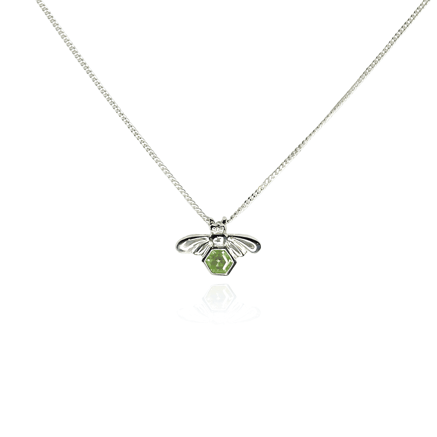 Front view of Bee-YOU-tiful Bee Peridot Bling on white background. Sterling Silver bee pendant with 4mm hexagonal Peridot set in its belly on 45cm curb chain.