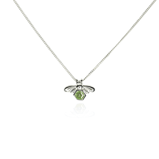 Front view of Bee-YOU-tiful Bee Peridot Bling on white background. Sterling Silver bee pendant with 4mm hexagonal Peridot set in its belly on 45cm curb chain.