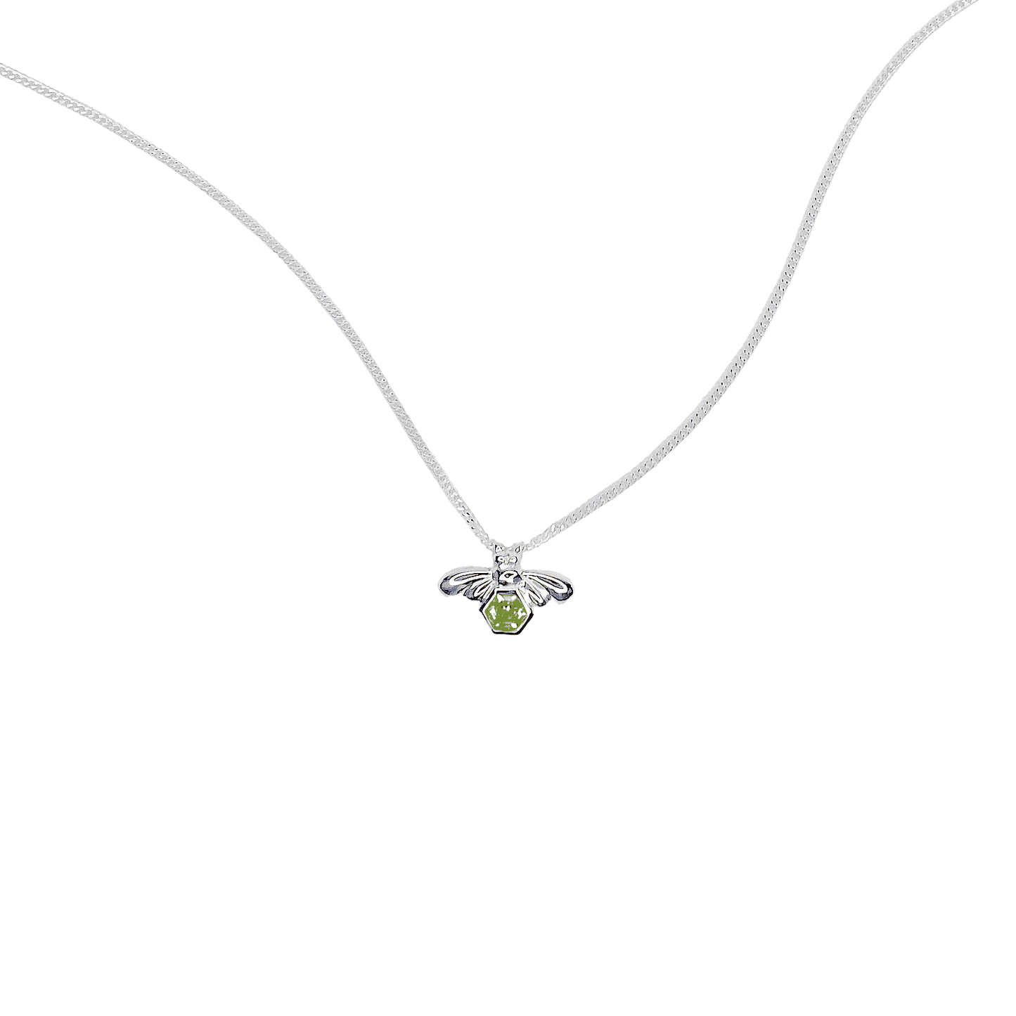 Bee-YOU-tiful Bee Peridot Bling on white background. Sterling Silver bee pendant with 4mm hexagonal Peridot set in its belly on 45cm curb chain.