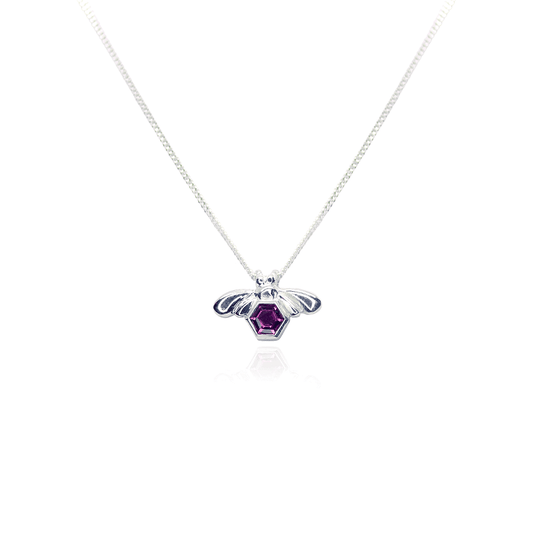 Close-up front view of the Bee-YOU-tiful Bee Pink Tourmaline Bling, featuring a 45cm curb chain and a Sterling Silver pendant with a bee and a 4mm hexagonal Pink Tourmaline set in its belly.