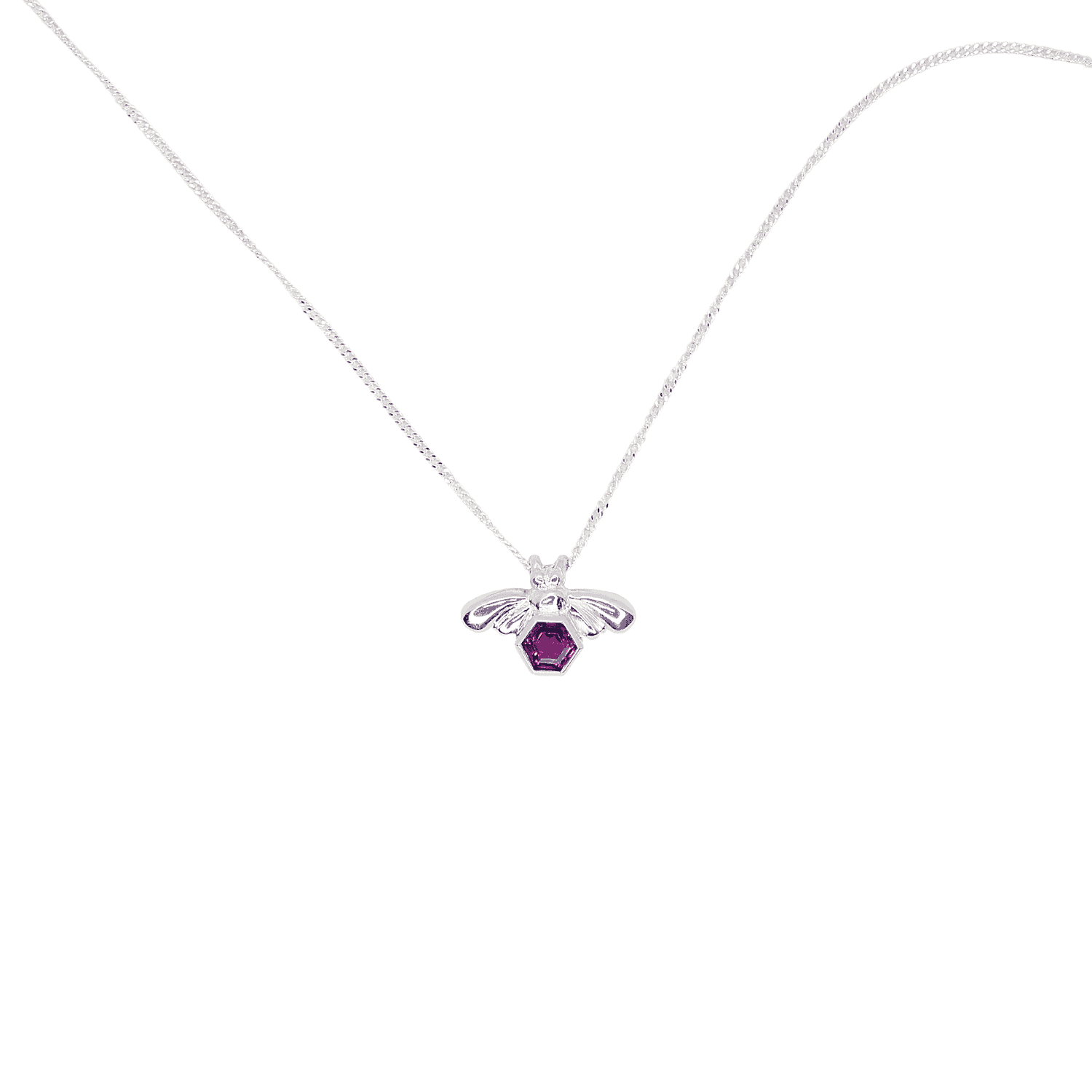 Front view image of the Bee-YOU-tiful Bee Pink Tourmaline Bling on a white background, showcasing a 45cm curb chain and a Sterling Silver pendant featuring a bee and a 4mm hexagonal Pink Tourmaline gem set in its belly with a tube setting.