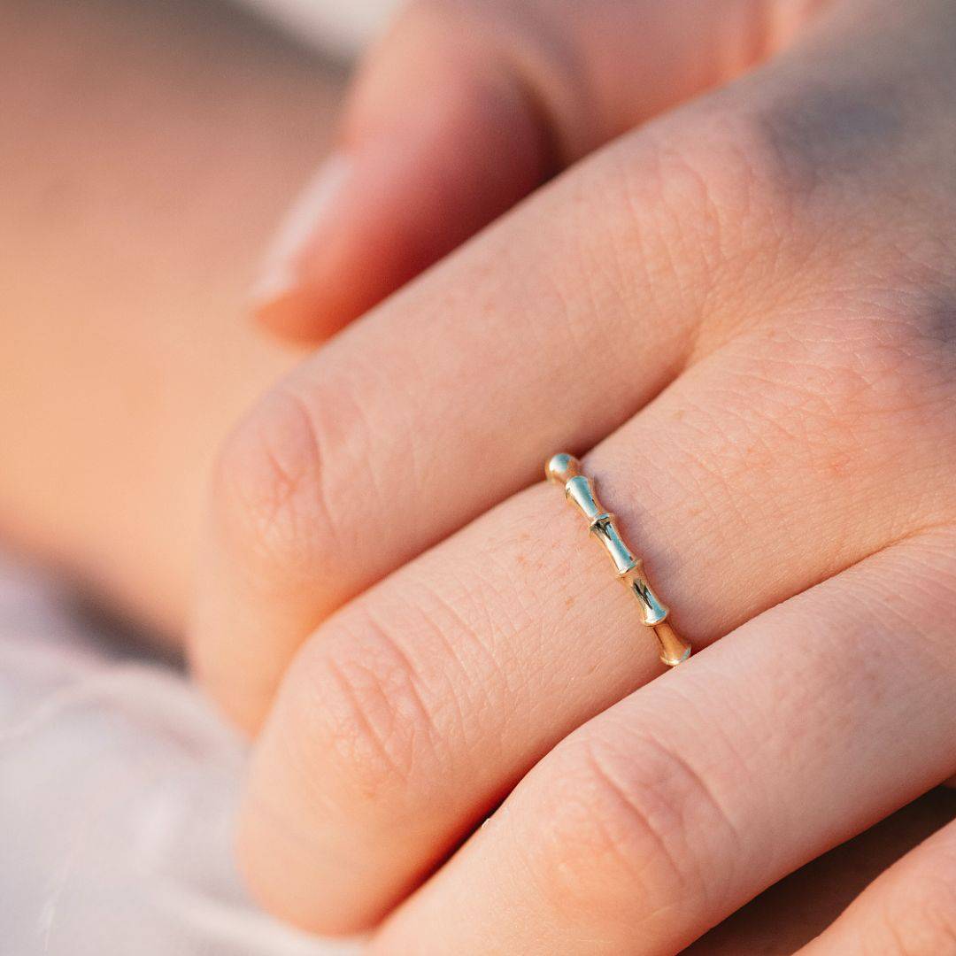 Plain 925 Sterling Silver Textured Bamboo Band Ring - Nickel-Free